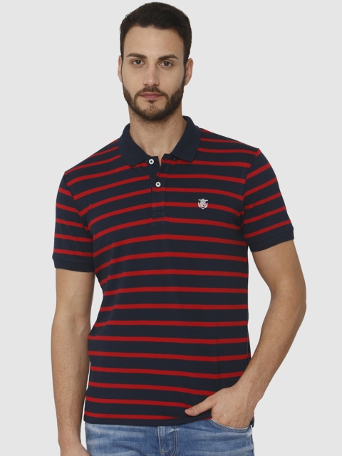SELECTED Men Navy Blue & Red Striped Polo Collar T-shirt