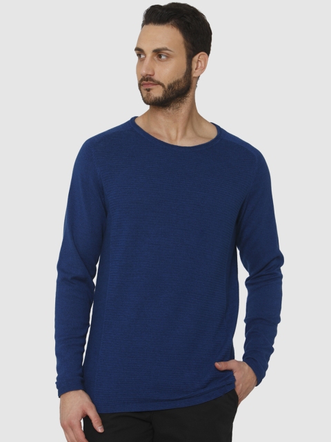 SELECTED Men Blue Self Design Round Neck T-shirt