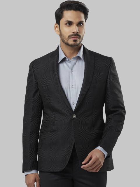 Raymond Men Black Self-Design Single-Breasted Blazer