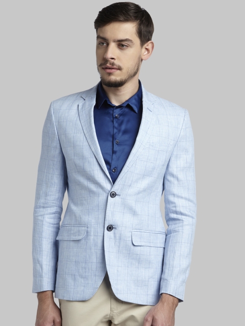 Parx Men Blue Checked Single Breasted Linen Formal Blazer