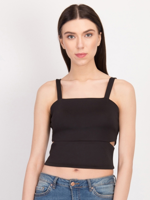 LA LOFT Women Black Solid Fitted Crop Top