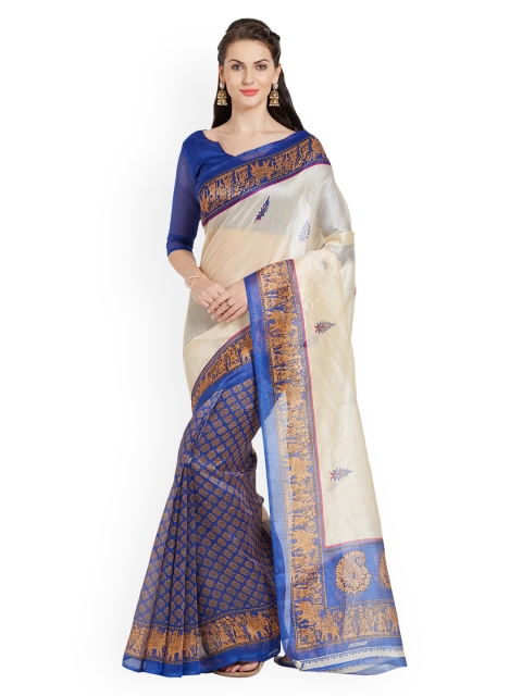Silk Bazar Navy Blue & Cream-Coloured Art Silk Printed Bhagalpuri Saree