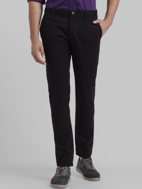 Parx Men Black Tapered Fit Self Design Regular Trousers