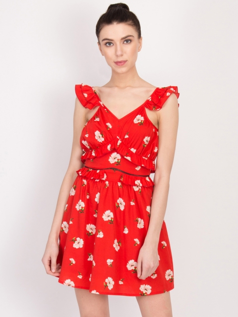 LA LOFT Women Red Floral Print Fit and Flare Dress