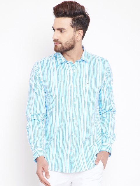 Canary London Men Turquoise Blue & White Slim Fit Striped Casual Shirt