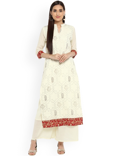 ZIYAA Women Cream-Coloured Printed Kurta with Palazzos