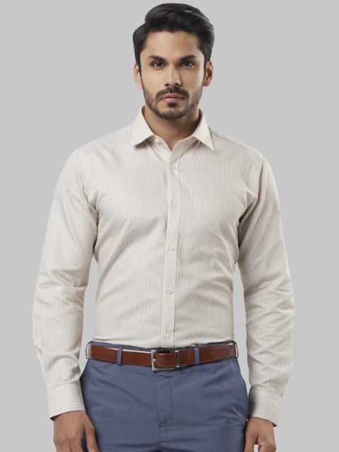 Raymond Men White & Brown Regular Fit Striped Formal Shirt