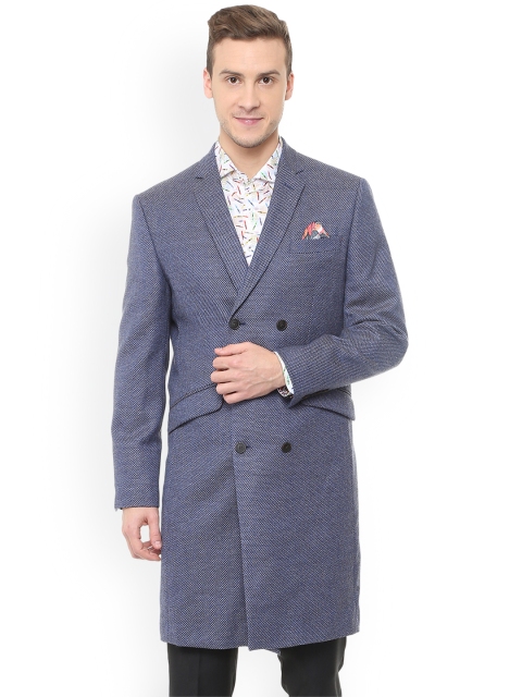 SIMON CARTER LONDON Men Blue Self-Design Woollen Overcoat