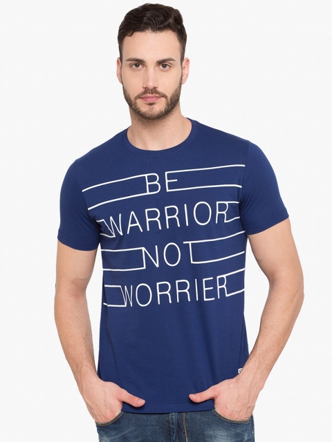 Status Quo Men Blue Printed Slim Fit Round Neck Pure Cotton T-shirt