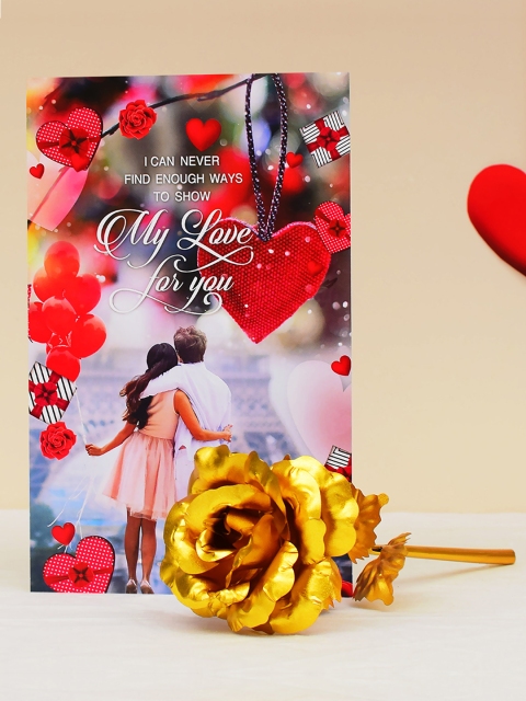 Set of 2 Valentines Day Special Greeting Card & Artificial Golden Rose, Gold