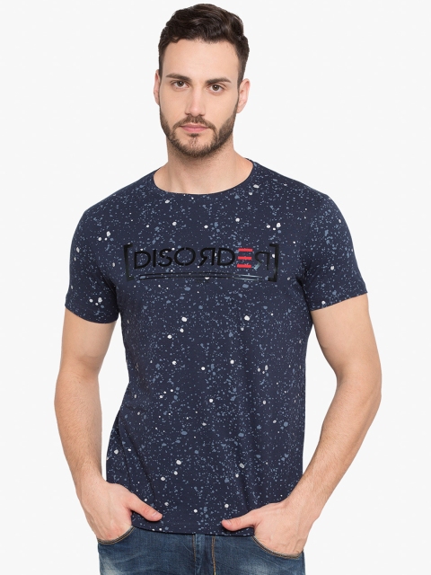 Status Quo Men Navy Blue Printed Slim Fit Round Neck T-shirt
