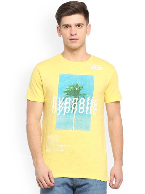People Men Yellow Printed Round Neck T-shirt