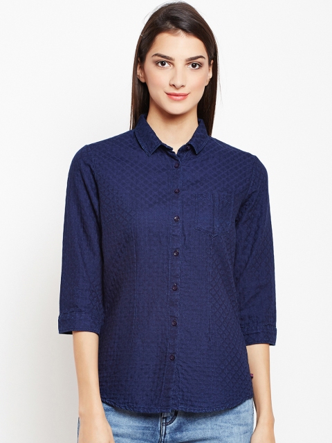 Crimsoune Club Women Navy Blue Slim Fit Self Design Casual Shirt