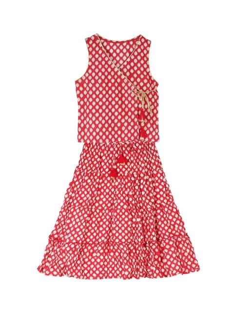 My Little Lambs Girls Red & White Ready to Wear Lehenga with Blouse