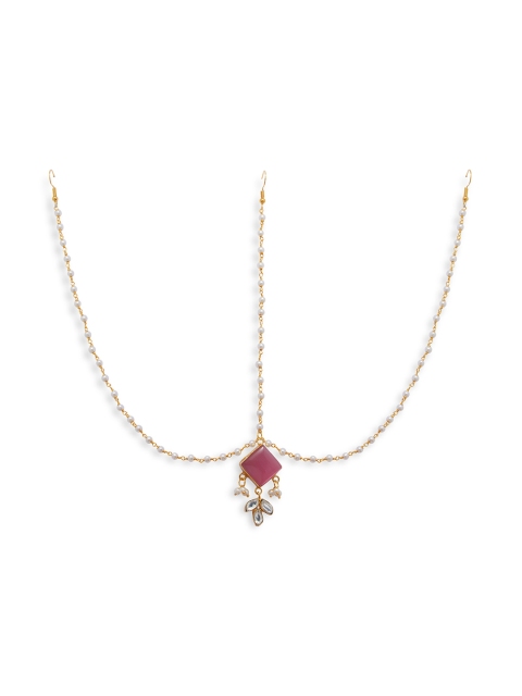 AccessHer Brass-Plated Gold-Toned & Pink Handcrafted Kundan Studded Matha Patti