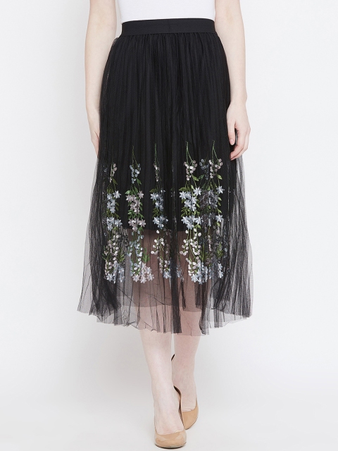 Camey Women Black Embroided Flared A-Line Skirt