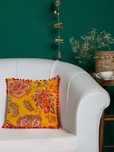 Chumbak Yellow Set of Single Floral Square Cushion Covers