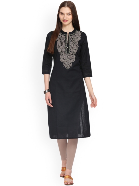 Alena Women Black Embroidered Linen Straight Kurta
