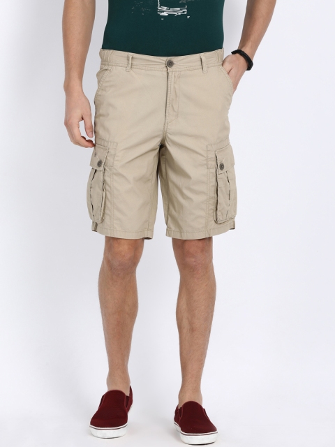 t-base Men Beige Solid Regular Fit Cargo Shorts
