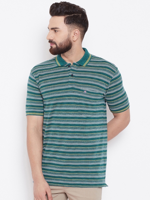 Duke Men Green Striped Polo Collar T-shirt