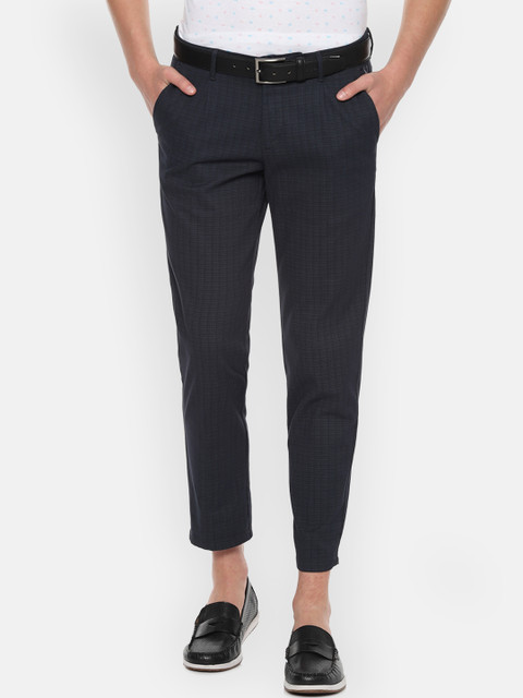Allen Solly Men Navy Blue Slim Fit Checked Regular Trousers 
Allen Solly Men Navy Blue Slim Fit Checked Regular Trousers