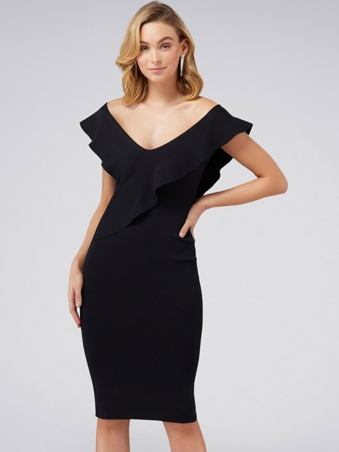 Forever New Women Solid Black Wrap Bodycon Dress