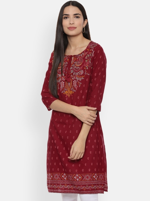 People Women Maroon Printed Straight Kurta
