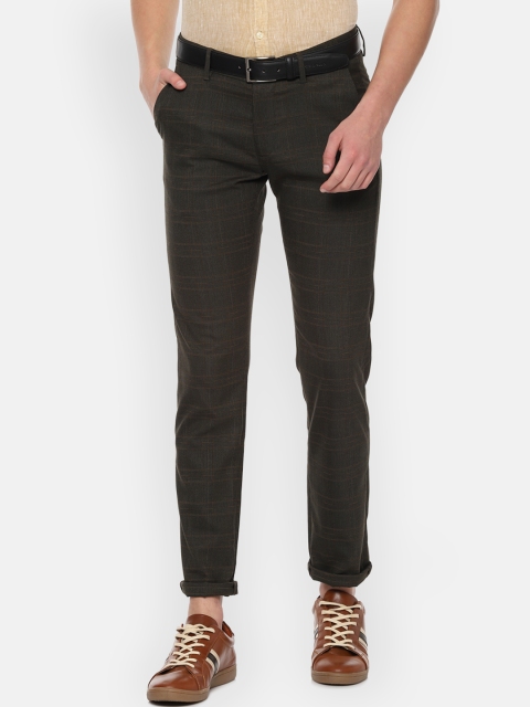 Allen Solly Men Olive Green Regular Fit Checked Regular Trousers
