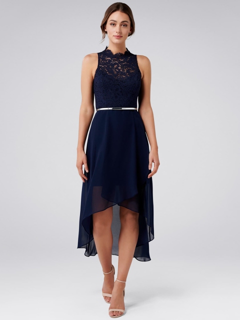 Forever New Women Navy Blue Self Design Fit and Flare Dress