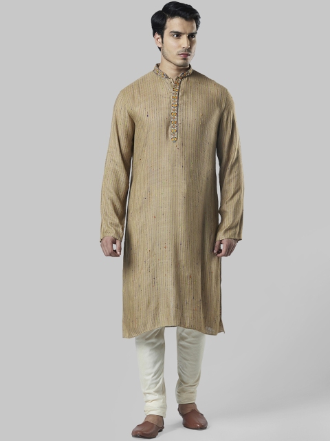 Ethnix by Raymond Men Beige Woven Design Straight Kurta