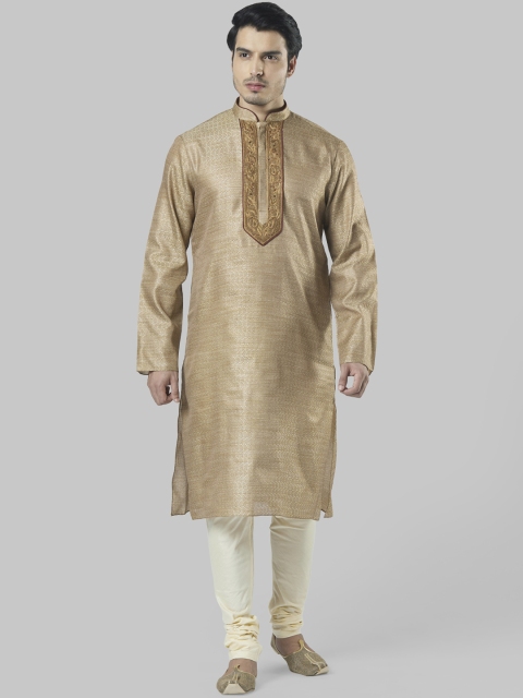 Ethnix by Raymond Men Gold-Toned & Off-White Woven Design Kurta with Churidar