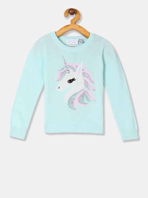 The Childrens Place Girls Turquoise Blue & Pink Self Design Sweater