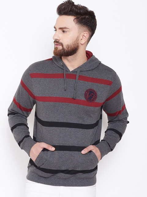 Austin wood Men Charcoal Grey & Red Striped Hooded Sweatshirt