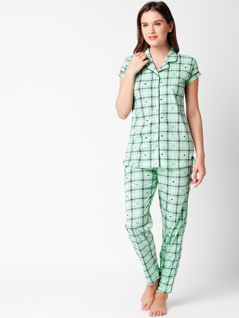 I like me Women Green & Blue Checked Night Suit