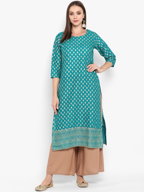 ZOEYAMS Women Green & Gold-Coloured Block Print Straight Kurta