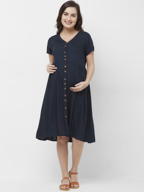 Mystere Paris Women Solid Navy Blue Empire Dress