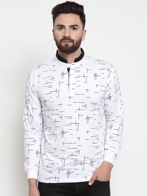 WILD WEST Men White & Blue Printed Mandarin Collar T-shirt