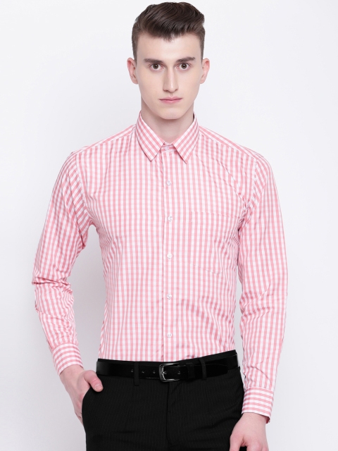 English Navy Men Pink & White Slim Fit Gingham Checked Formal Shirt