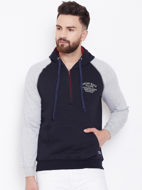 Austin wood Men Navy Blue & Grey Solid Hooded Sweatshirt