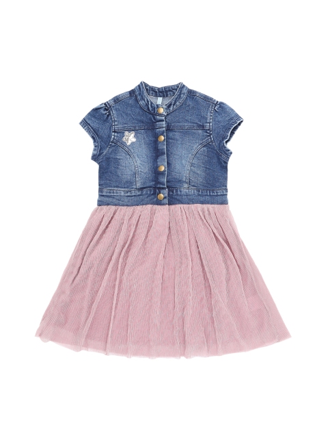 Pantaloons Junior Girls Pink & Blue Colourblocked Fit and Flare Dress