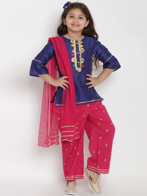 Bitiya by Bhama Girls Blue & Pink Solid Kurta with Pyjamas & Dupatta