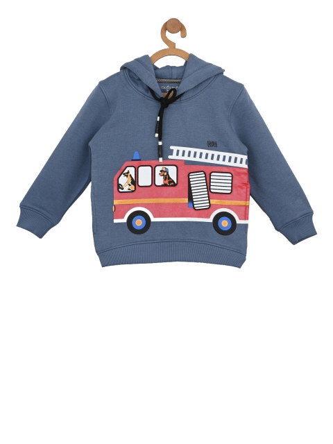 Stupid Cupid Boys Blue Printed Hooded Sweatshirt