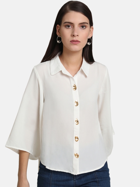 Kazo Women Off-White Slim Fit Solid Casual Shirt