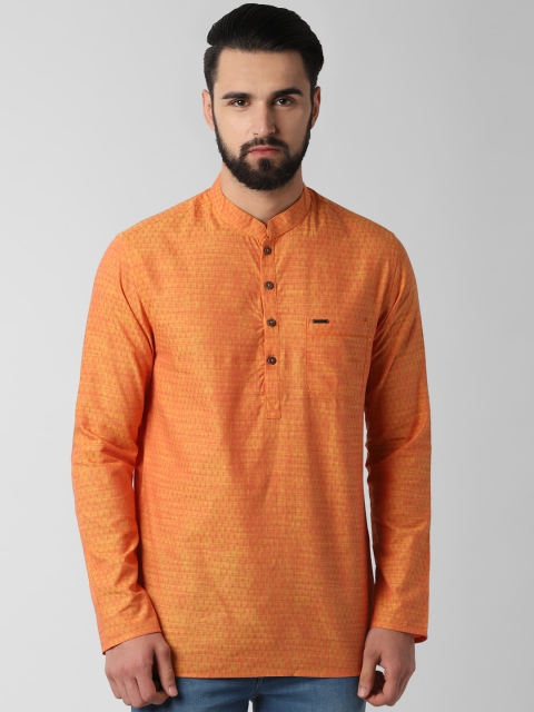 Peter England Men Orange Woven Design Straight Kurta