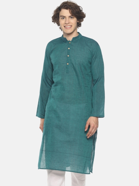 PAROKSH Men Teal Blue Solid Handloom Straight Kurta