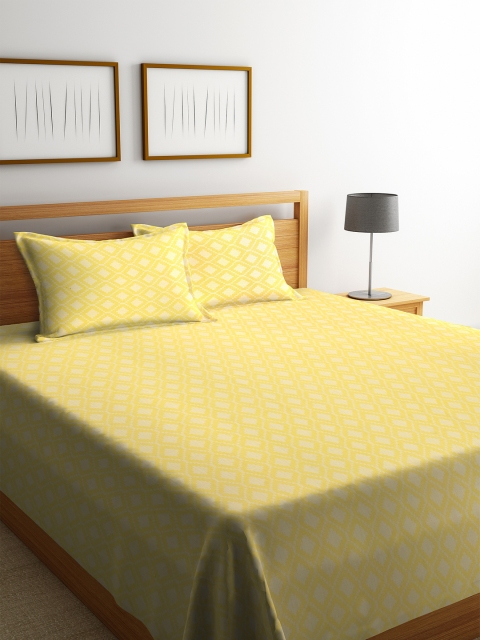 NEUDIS Yellow & White Printed 250-349 TC Bed Cover with 2 Pillow Covers