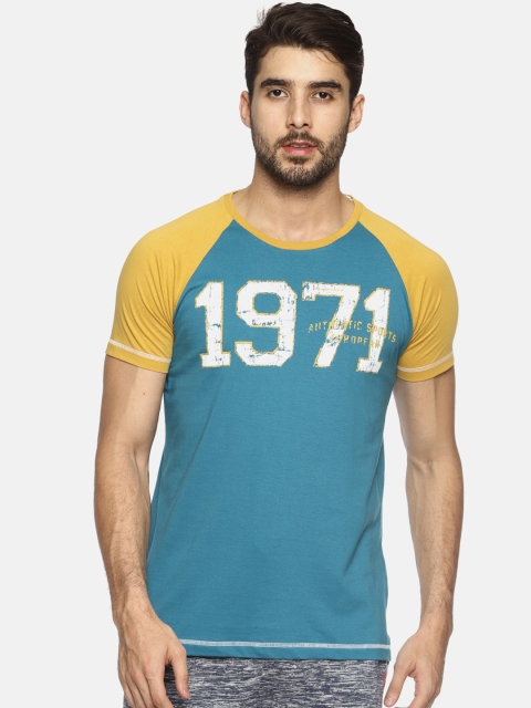 Masculino Latino Men Teal Blue & Mustard Yellow Printed Round Neck T-shirt