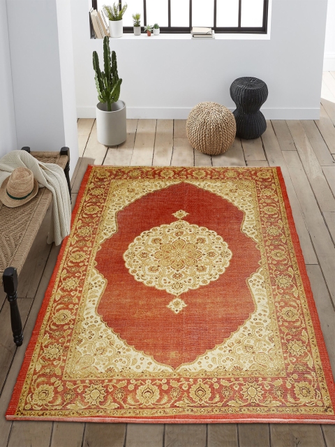 Saral Home Orange & Beige Printed Anti-Skid Carpet