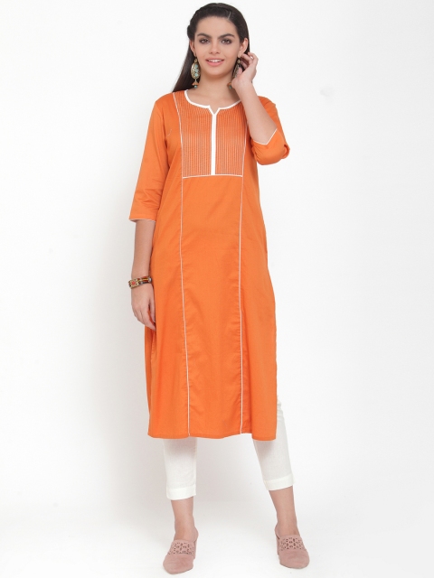 ETIQUETTE Women Orange Solid Straight Kurti
