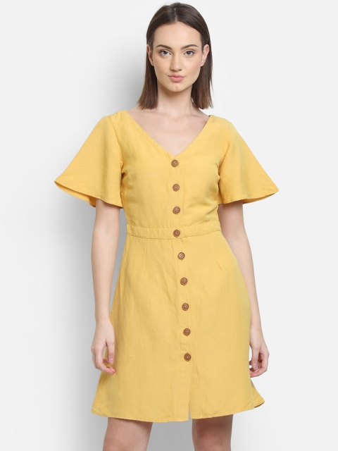 COVER STORY Women Mustard Yellow Solid Fit and Flare Dress